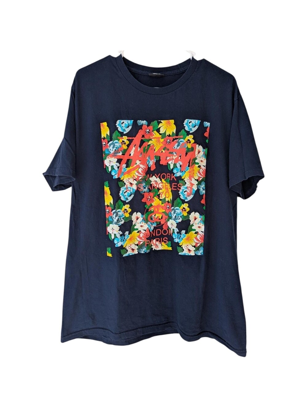 Stussy Men L Streetwear Floral Square City Tour T-Shirt Navy Blue Skater 22x29.5